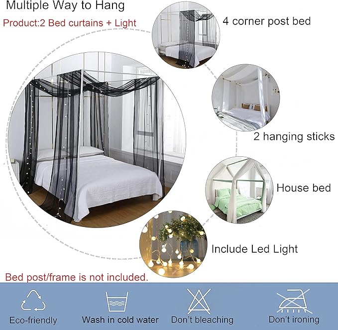 Akiky Canopy Bed Curtains with Light Princess Bed Canopy Scarf for Full/Queen Metal Bed Frame,Wood Frame Bed-2 Panel Sheer Curtain(Full/Queen,Black)