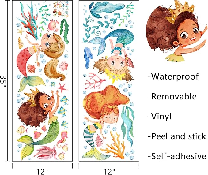 Mfault Multicultural Mermaid Under The Sea Wall Decal Stickers, Ocean Creature Marine Life Seaweed Nursery Decoration Baby Girl Bedroom Playroom Art, Coastal Beach Toddler Kid Room Bathroom Decor