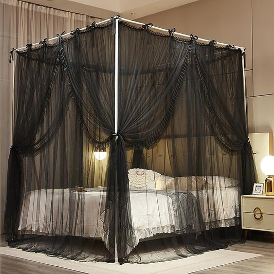 4 Corners Post Princess Curtain Bed Canopy Lace Up Double Layer 4 Opening Mosquito Net Mesh for Girls Bedroom Decoration(Black, 59" W*82" L*82" H/Queen)