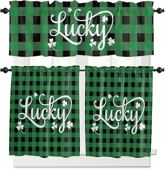 St. Patrick's Day Buffalo Plaid Kitchen Curtains and Valances Set, Lucky Shamrocks Clover Window Tiers Rustic Green Black Half/Short Curtains for Small Windows Cafe /Living Room/ Bedroom 54x24 in