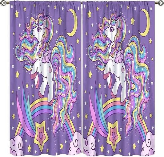 Unicorn Curtains Fantasy Star Moon Cartoon Theme Curtains Cute White Unicorn Rainbow Design Printed Curtains Boys Girls Room Curtains 42x63 Inch 2 Panels
