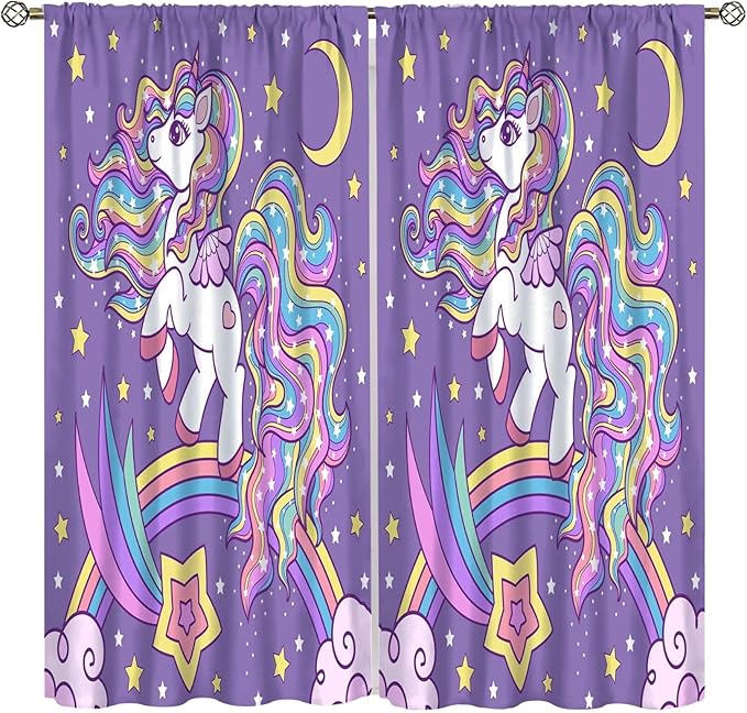 Unicorn Curtains Fantasy Star Moon Cartoon Theme Curtains Cute White Unicorn Rainbow Design Printed Curtains Boys Girls Room Curtains 55x63 Inch 2 Panels