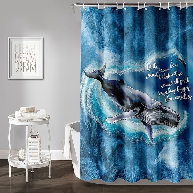 AILONEN 3D Whale Shower Curtain,Cute Whale Jumping Shower Curtain for Bathroom,3D Blue Ocean Animal Waterproof Fabric Shower Curtain Set with Hooks,36" W*72" H