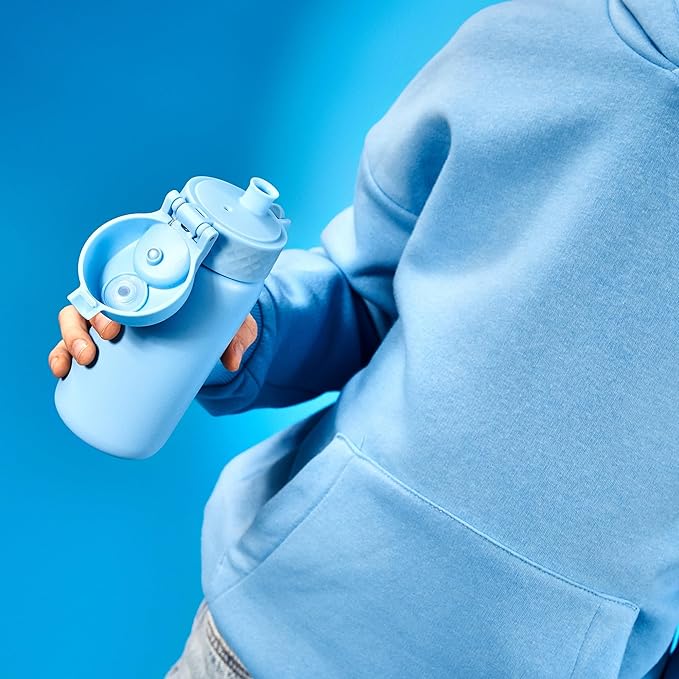 Ion8 Kids Water Bottle, Steel 400 ml/13 oz, Leak Proof, Easy to Open, Secure Lock, Dishwasher Safe, Flip Cover, Carry Handle, Easy Clean, Durable, Scratch Resistant, Carbon Neutral, Alaskan Blue