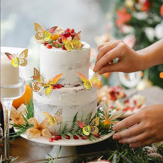 SAOROPEB 3D Butterfly Wall Decor 48 Pcs 4 Styles 3 Sizes-Butterfly Birthday Decorations&Butterfly Party Decorations&Butterfly Cake Decorations-Removable Gold Butterfly Decorations (Laser Gold)