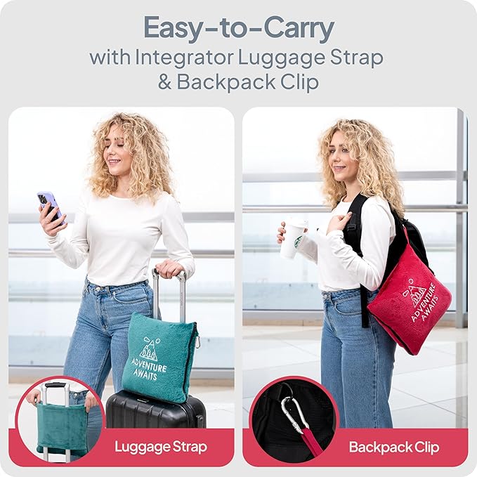 Travel Pillow & Blanket Set - Super Soft 2 in 1 Blankets with Cozy Hand & Feet Pouches Zip into Plush Pillows - Large Size Wraps You in Warmth on Airplanes - Luggage Sleeve & Backpack Clip (Teal/Red)