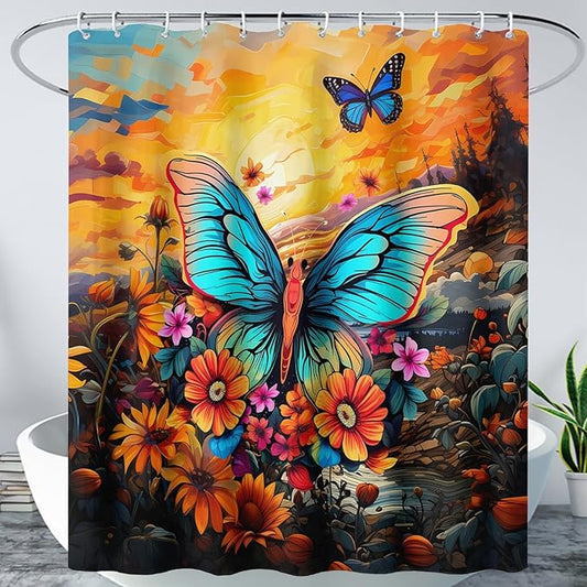 AILONEN Beautiful Butterfly Shower Curtain,Blue Butterfly with Sunflower Bath Curtain for Bathroom for Boys,Girls,Natural Plants Waterproof Fabric Shower Curtain Set with Hooks,72" W*78" H
