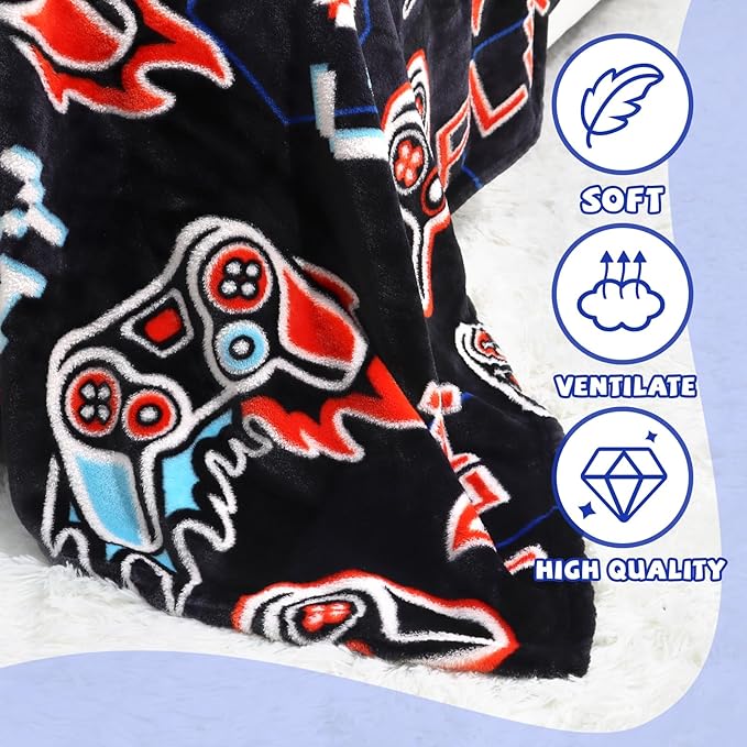 Glow in The Dark Video Gaming Blanket Soft Fuzzy Gamer Throw Blanket Boys Room Decor Game Gifts for Men Teens Couch Sofa Bedroom
