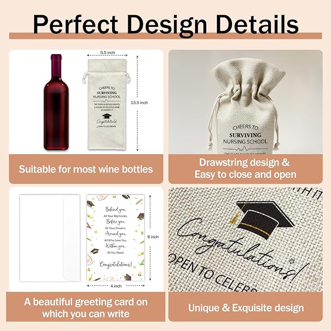 Nurse Graduation Gift Wine Gift Bags & Card Nursing Appreciation Graduation Gifts for RN Nurse Nursing Student School, 1 pcs Reusable Burlap Wine Gift Bags for Wine Bottles, Graduation Party Favor -29