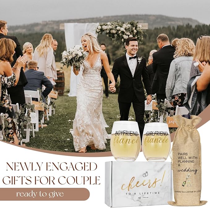 Engagement Gifts for Couples, Boyfriend and Girlfriend Wine Glass and Wine Bag Gift Set, Fiance Fiancee Gift for Him and Her, Bride and Groom Wedding Gifts, Bridal Shower, Engaged Gift for Newlywed