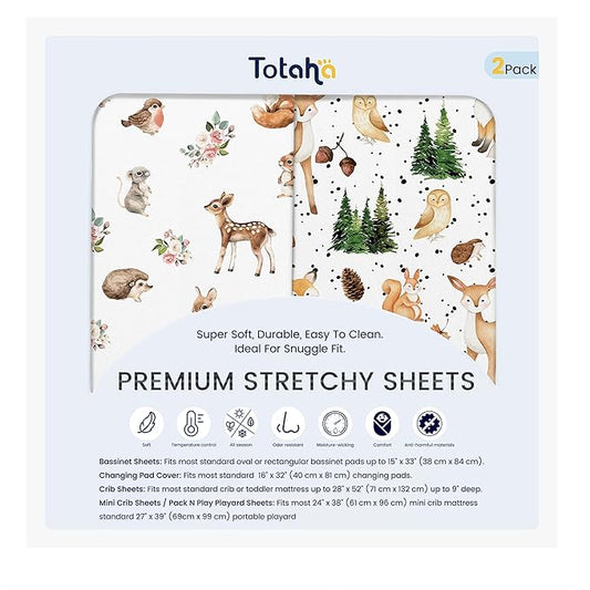 TotAha Premium Soft Bassinet Sheet for Boy Girl, Super Stretchy Jersey Knit Bassinet Fitted Sheet, Compatible with Halo, Maxi COSI, Mika Micky, SNOO, and Other Bassinet, 2 Pack (Forest Animals)