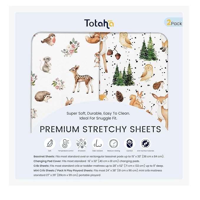 TotAha Crib Sheets for Boys Girls, Premium Soft Crib Mattress Fitted Sheet, Super Stretchy Jersey Knit Baby Sheets, Silky Comfort Baby Bed Sheets 28x52x9 Extra Deep Pocket, 2 Pack (Forest Animals)