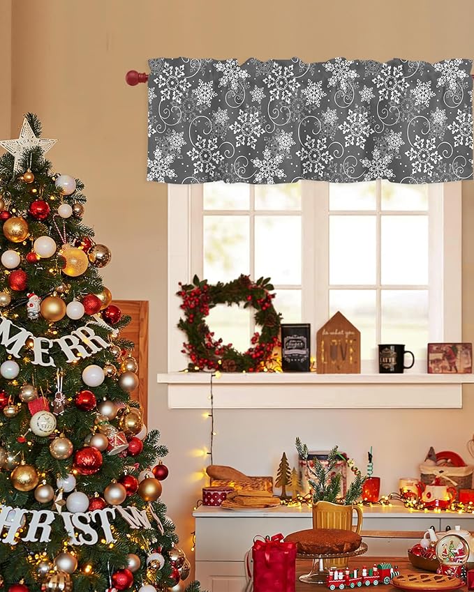 Christmas Valance Curtains for Kitchen Windows Grey White Snowflakes Pattern Rod Pocket Window Treatment Toppers for Kitchen/Living Room/Bedroom/Bathroom, 42" X 12", Winter