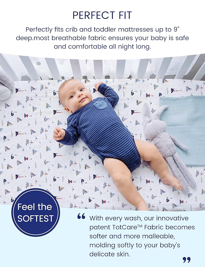 TotAha Premium Stretchy Crib Sheets (2-Pack)-Hypoallergenic, Silky Comfort, Buttery Soft, Calming Effect, All-Season Jersey-Knit Sheets, 28 X 52 X 9'' Extra Deep Pocket (Balloon & Sailboat)