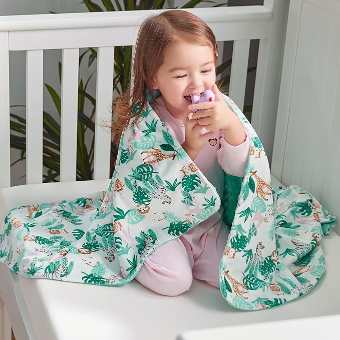DaysU Silky Micro Soft Plush Baby Blankets for Boys with Print Animal Pattern and Soothing Raised Dots, Double Layer Bed Throws for Toddler Cot, Jungle, Green, 50x60 Inches
