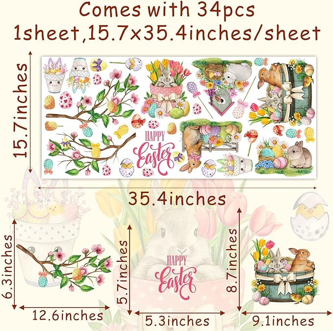 Happy Easter Wall Stickers Bunny Rabbit Wall Decals Peel and Stick Wall Art Decal Easter Egg Wall Decal Spring Flower Tree Branch Window Clings for Kids Room Nursery Living Room Kitchen Decor Gifts