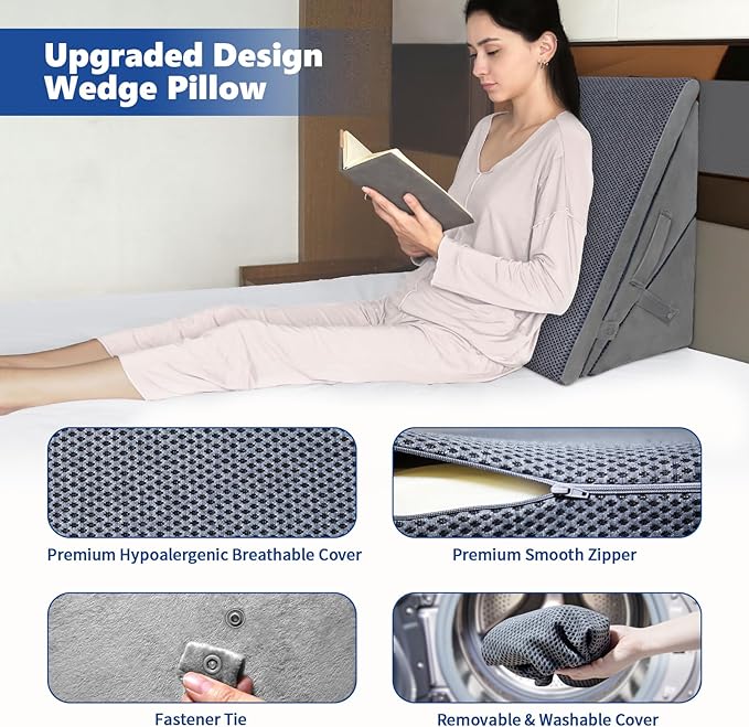 KingPavonini Grey Bed Wedge Pillow for Sleeping, 7.5 & 9 & 11 & 12 Inch Adjustable Memory Foam Triangle Wedge Pillow Post Surgery for Back, Legs and Knee Support, Acid Reflux