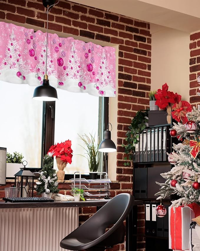 Pink Christmas Valance Curtains for Kitchen Windows White Xmas Tree Snowflakes Pink Balls Rod Pocket Window Treatment Toppers for Kitchen/Living Room/Bedroom/Bathroom, 54" X 18", Winter
