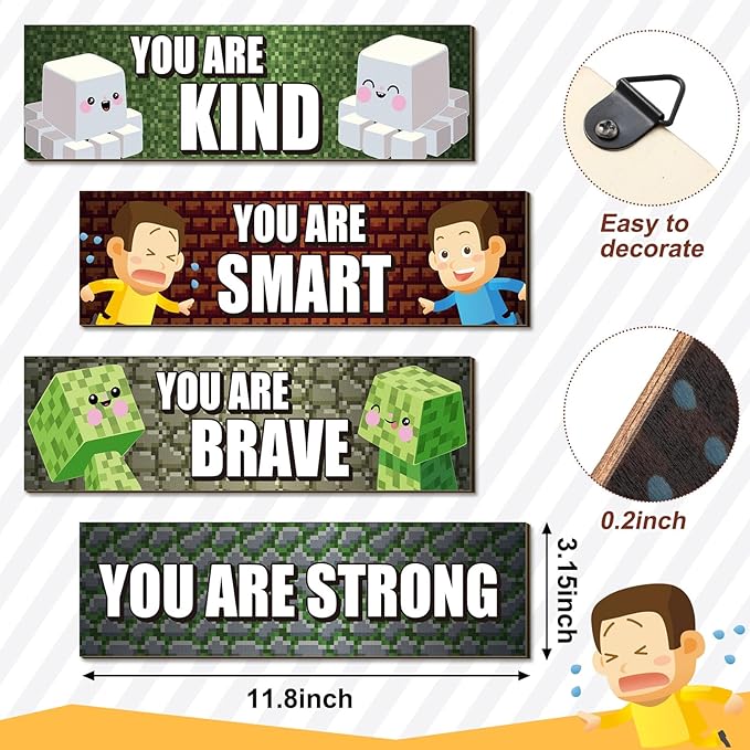 4 Pcs Game Bedroom Wall Decor Boys Room Decor for Kids Inspirational Wooden Hanging Wall Sign Motivational Quote Car Wall Decor for Boys Kids Nursery Playroom Kindergarten