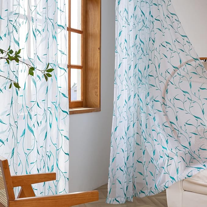 Windows Sheer Curtains Embroider Green Leaf 72 Inches Length 2 Panels Voile Light Filtering Sheer Curtains Panel Basic Rod Pocket for Bedroom Living Room Children Room