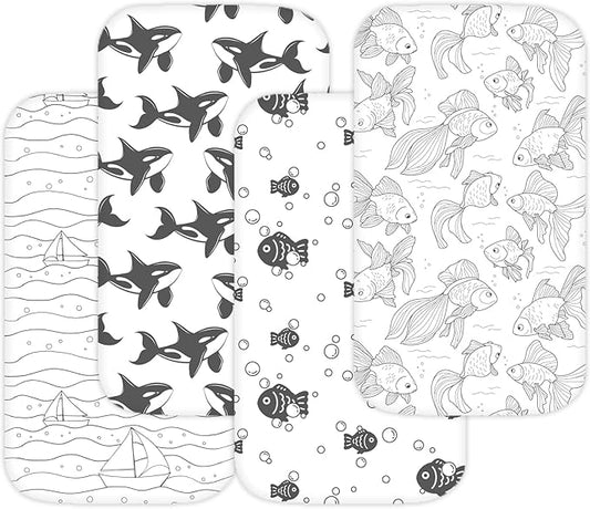 Bassinet Sheets for Ronbei, Baby Joy, Baby Delight Beside Me Dreamer, and Nordmiex Bassinet, 4 Pack, 33x20 Inch, Ultra Soft, Breathable Snug Fit, Unisex Boys Girls, Gray White (Ocean Fish Theme)