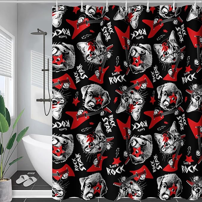 AILONEN Kitten and Puppy Shower Curtain,Rock Kitten Puppy Bath Curtains for Kids Boys Girls,Animal Polyester Waterproof with 12 Plastic Hooks 48" W*72" H