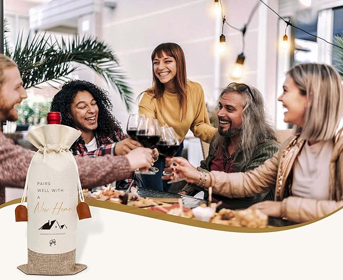 Housewarming Gifts Wine Bag, First New Home House Homeowner Gift, Cotton Linen Wine Gift Bag With Drawstring, Client Gift From Realtors, Sweet Home Congrats Gift for Men Women Wife Husband
