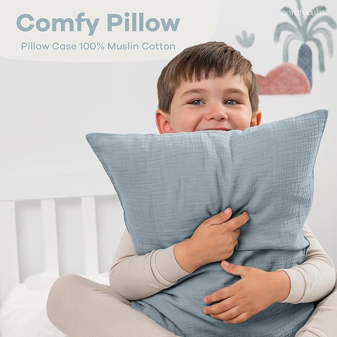 Comfy Cubs Toddler Pillow with Soft Muslin Pillowcase, 13"x18", Pacific Blue - Kids Pillow for Sleeping & Travel - Comfortable Small Pillow - Kids Travel Pillow with Breathable Microfiber Fill