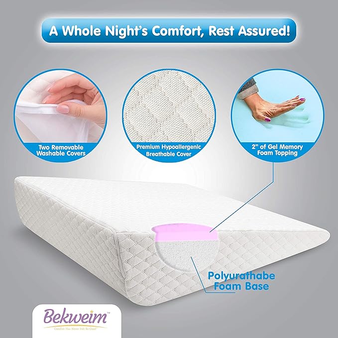 Bed Wedge Pillow | Unique Curved Design for Multi Position Use | Memory Foam Wedge Pillow for Sleeping | Works for Back Support, Leg, Knee | Includes Cover Plus Extra Sheet (White)