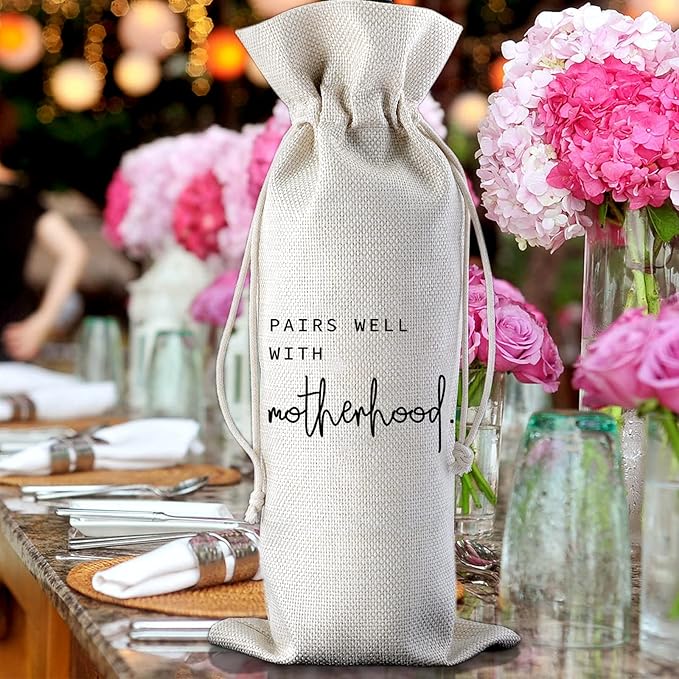 Pairs Well with Motherhood Wine Bag New Mom Gift New Baby Gift Mommy Gifts Mom Wine Bag Mother's Day Gift Drawstring Wine Bag