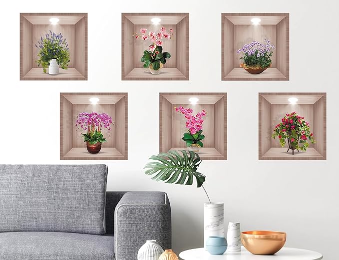 DTLIFEK 3D Green Plants Wall Decals 3D Flowers Vase Wall Sticker Green Pot Plants Wall Decor Colorful Floral Blossom Botanical Wall Panels Removable Peel and Stick Wallpaper for Bedroom Kitchen 39090