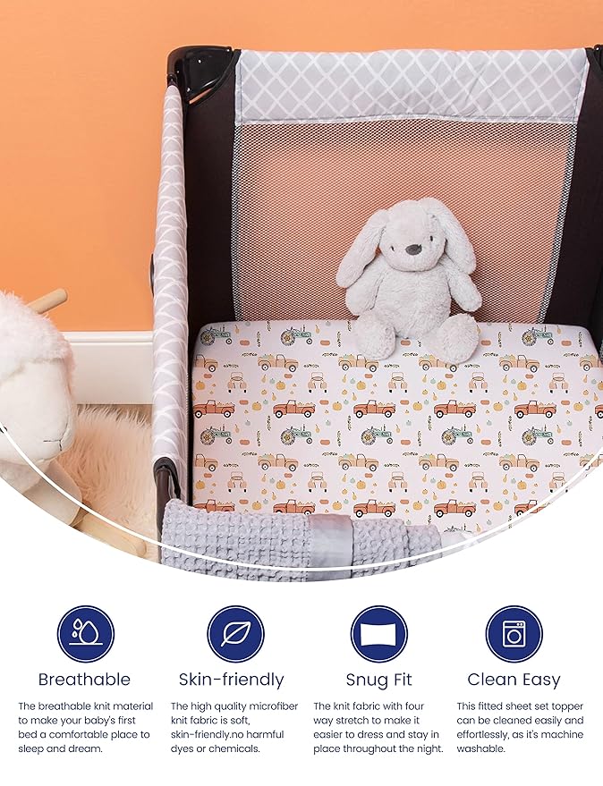 TotAha Premium Stretchy Pack N Play Playard Sheets | Mini Crib Sheets (2-Pack) -Hypoallergenic, Silky Comfort, Buttery Soft, Calming Effect, All-Season Jersey-Knit Sheets 38 X 24 (Farm & Pumpkin)