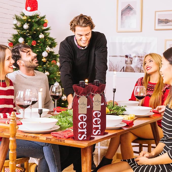 SIRIPHUM Burlap Wine Bags and Gift Tags, Wine Bottle Gift Bags with Drawstrings,Wine Bags Gift for Travel, Wedding, Holiday Party,Birthdays,Housewarming and Dinner Party (Red-12PCS)