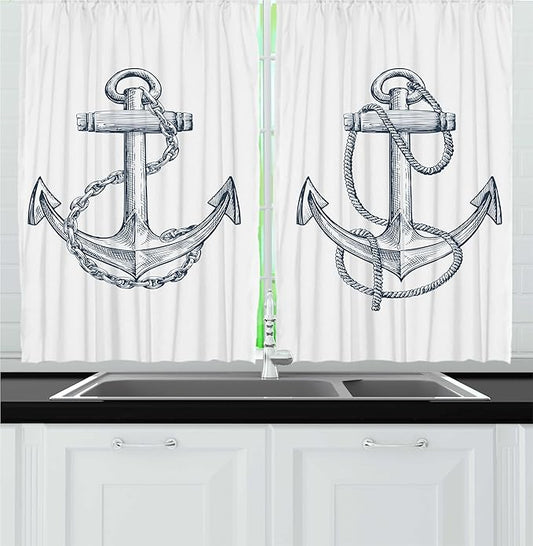 Ambesonne Anchor Kitchen Curtains, Vintage Sketch Nautical Element Ship Sailing Travel Theme Chain Rope, Window Drapes 2 Panel Set for Kitchen Cafe Decor, 55" x 24", Teal White