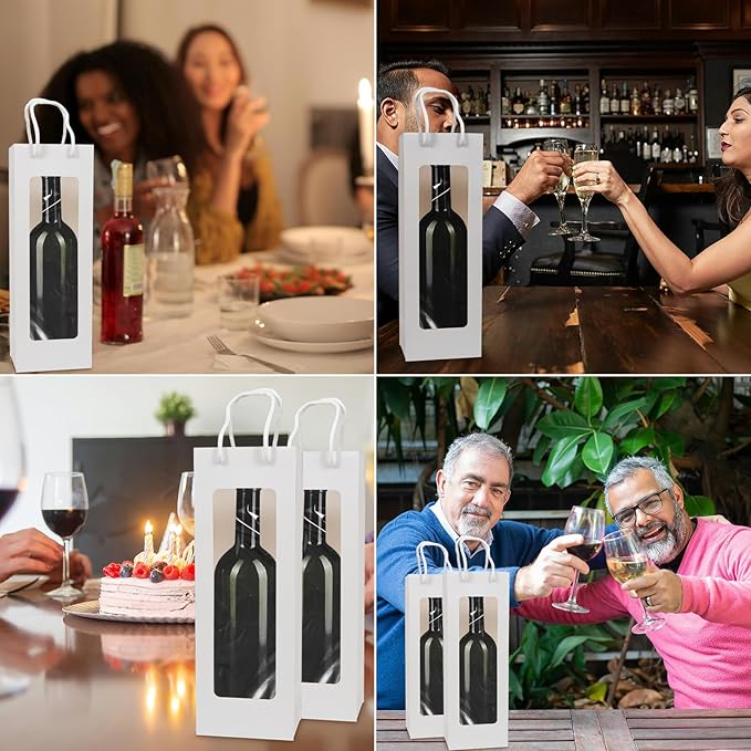 Cyblinia Wine Gift Bags Wine Tote Bags 20 Pack Paper Wine Bags with Window 4.9 x 3.4 x 14.2 Inch Wine Bottle Bags for Wedding, Birthday, Christmas Party Supplies