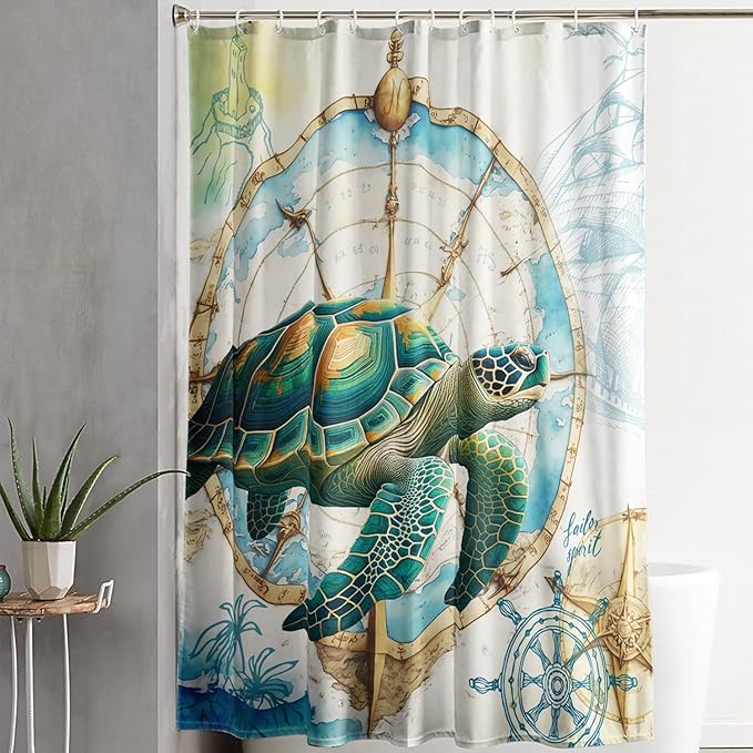 AILONEN 3D Sea Turtle Shower Curtain,Green Sea Turtle Shower Curtain for Bathroom,Nautical Anchor Waterproof Fabric Shower Curtain Set with Hooks,48" W*72" H