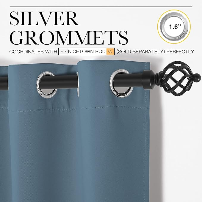 NICETOWN Room Darkening Curtains 63" Length, Thermal Insulated Blackout Panels for Bedroom Bathroom Office Kitchen Playroom Kids Room Nursery Decoration (Smoky Blue, 2 Panels, W42 x L63 -Inch)