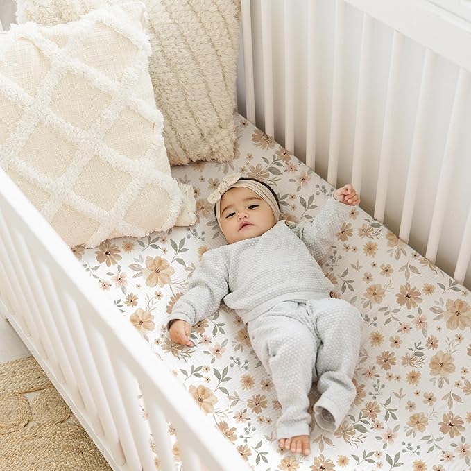 Konssy Muslin Fitted Crib Sheets 100% Cotton Baby Crib Sheets for Standard Crib Mattress (28 X 52 Inches), Soft and Breathable for Boys, Girls (Flowers)