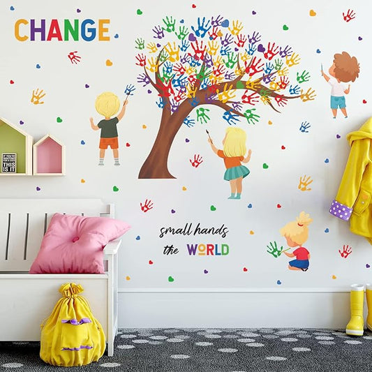 Children's Day Wall Decal Gifts for Kids Small Hands Change the World Equality Wall Stickers 2 Sheet of 82pcs Classroom Wall Decals Colorful Inspirational Quotes Wall Sticker for Reading Room Playroom