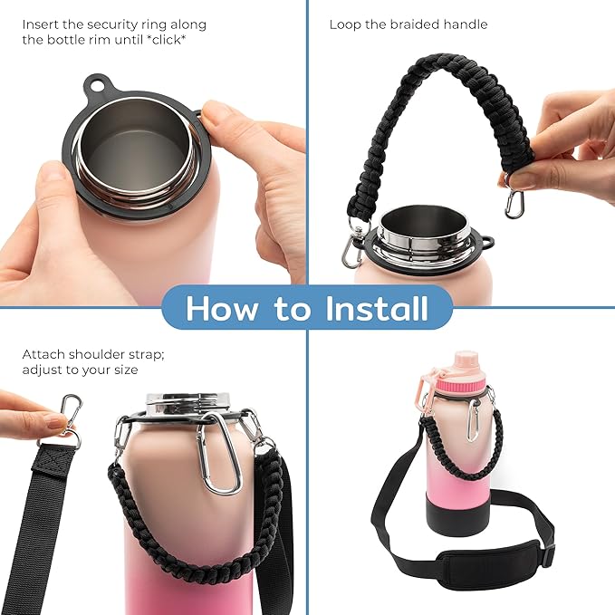 BOZ Water Bottle Strap Kit - Paracord Handle, Water Bottle Boot, Adjustable Water Bottle Shoulder Strap - Water Bottle Straps for Carrying, Water Bottle Handle Strap for 32oz Bottles