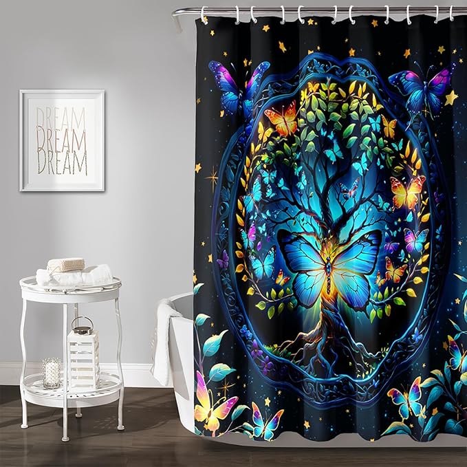 AILONEN Tree of Life Shower Curtain for Bathroom,Glowing Butterfly Starry Bath Curtain,Modern Tree Floral Print Curtain Decoration Waterproof with 12 Plastic Hooks for Boys Girls Adults 36" W*72" H