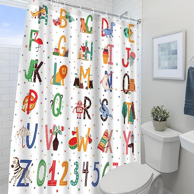 Aperturee Alphabet ABC Learning Shower Curtain for Kids Bathroom Animals Kids ABC Figure Educational Tool Cartoon Animals Girls Boys Colorful Decorative Bath Curtain with 12 Hooks,72x72 Inch