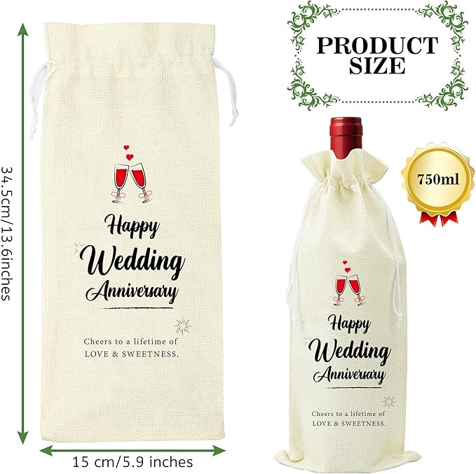 Omoojee 4 Pcs Wedding Anniversary Wine Bag, Couple Gift for Married Anniversary, Flax Drawstring Wine Bag