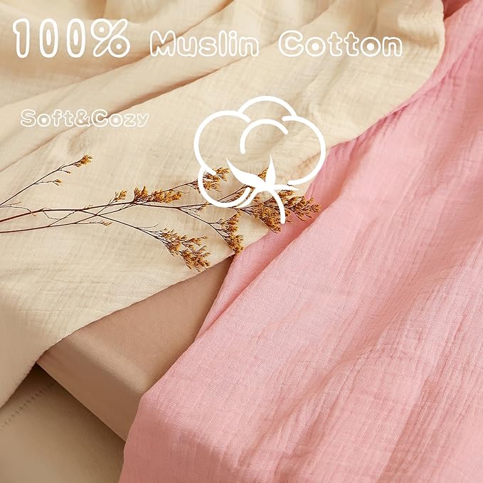 Muslin Crib Sheets Girls Rutiwa 2 Pack Boho Baby Sheets for Crib 100% Cotton Breathable Crib Sheets Toddler Bed Sheets Fit Standard Crib Mattress 28"x52"(Light Pink/Beige)