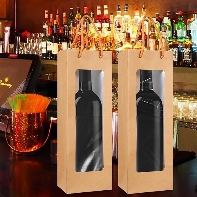 Cyblinia 20 Pack Wine Gift Bags with Window 4.9 x 3.6 x 14.2 Inch Paper Wine Bags Wine Carrier Bags Shopping Bags with Handle for Wine Bottle and Gifts，Wedding, Birthday, Christmas
