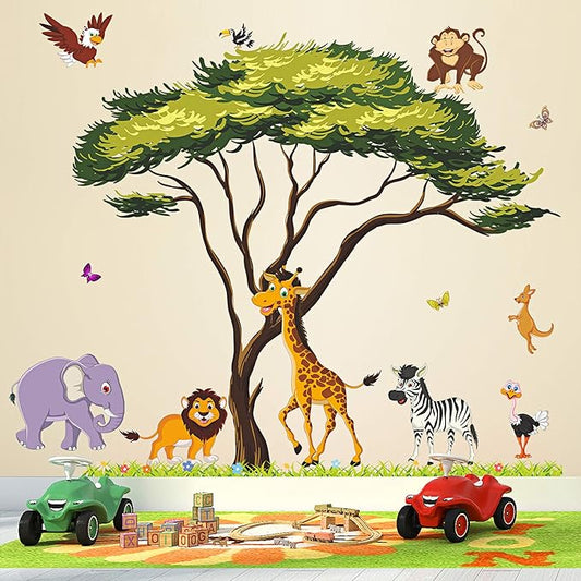 Jungle Animals Tree Wall Decals Woodland Animals Large Tree Wall Stickers Lion Elephant Zebra Safari Wall Sticker Removable DIY Peel and Stick for Kids Baby Bedroom Living Room Mural Decor