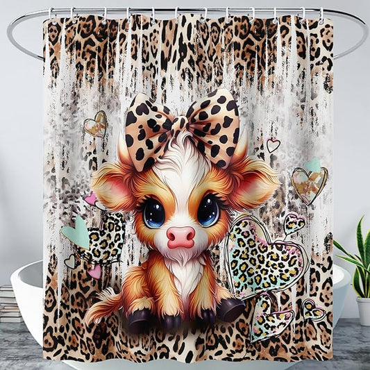 AILONEN Cartoon Yak Shower Curtain Set, Kids Leopard Print Love Yak Waterproof Fabric Shower Curtain for Bathroom Decor,Bow Tie Yak Cloth Bath Curtain Set with Plastic Hooks,48" Wx72 H