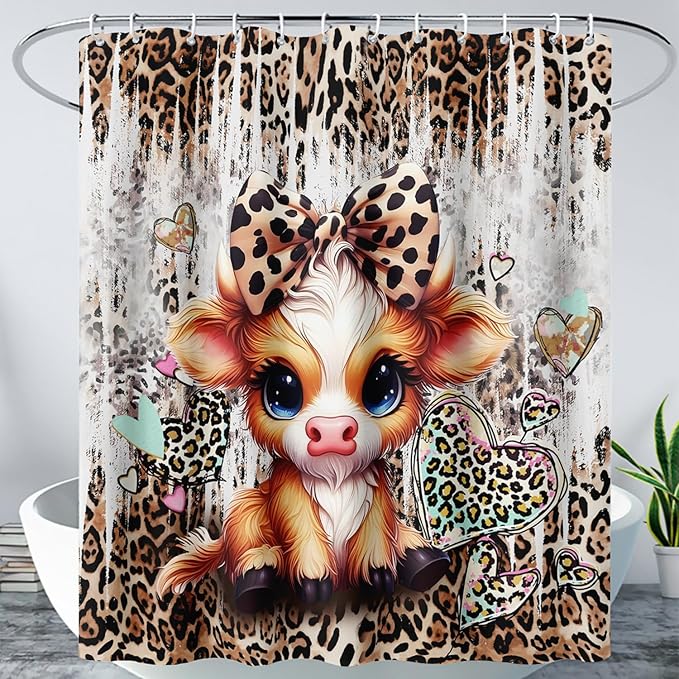 AILONEN Cartoon Yak Shower Curtain Set, Kids Leopard Print Love Yak Waterproof Fabric Shower Curtain for Bathroom Decor,Bow Tie Yak Cloth Bath Curtain Set with Plastic Hooks,36" Wx72 H