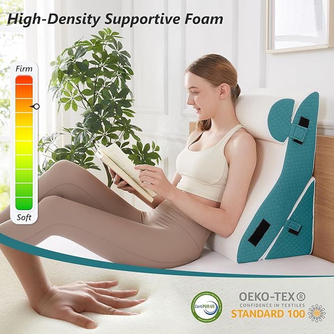 3 PCS Upgraded Bed Wedge Pillow for Sleeping - 35D Post Surgery Pillow for Back Leg Pain Relief - 22" Wide Adjustable Triangle Wedge Pillow Set for Acid Reflux & GERD & Snoring(white blue)