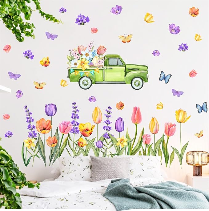 Garden Flowers Window Stickers Spring Window Cling Watercolor Butterflies Floral Wall Decals Peel and Stick Tulip Flower Window Decals for Kids Girls Bedroom Kitchen Shop Window Display Decoration